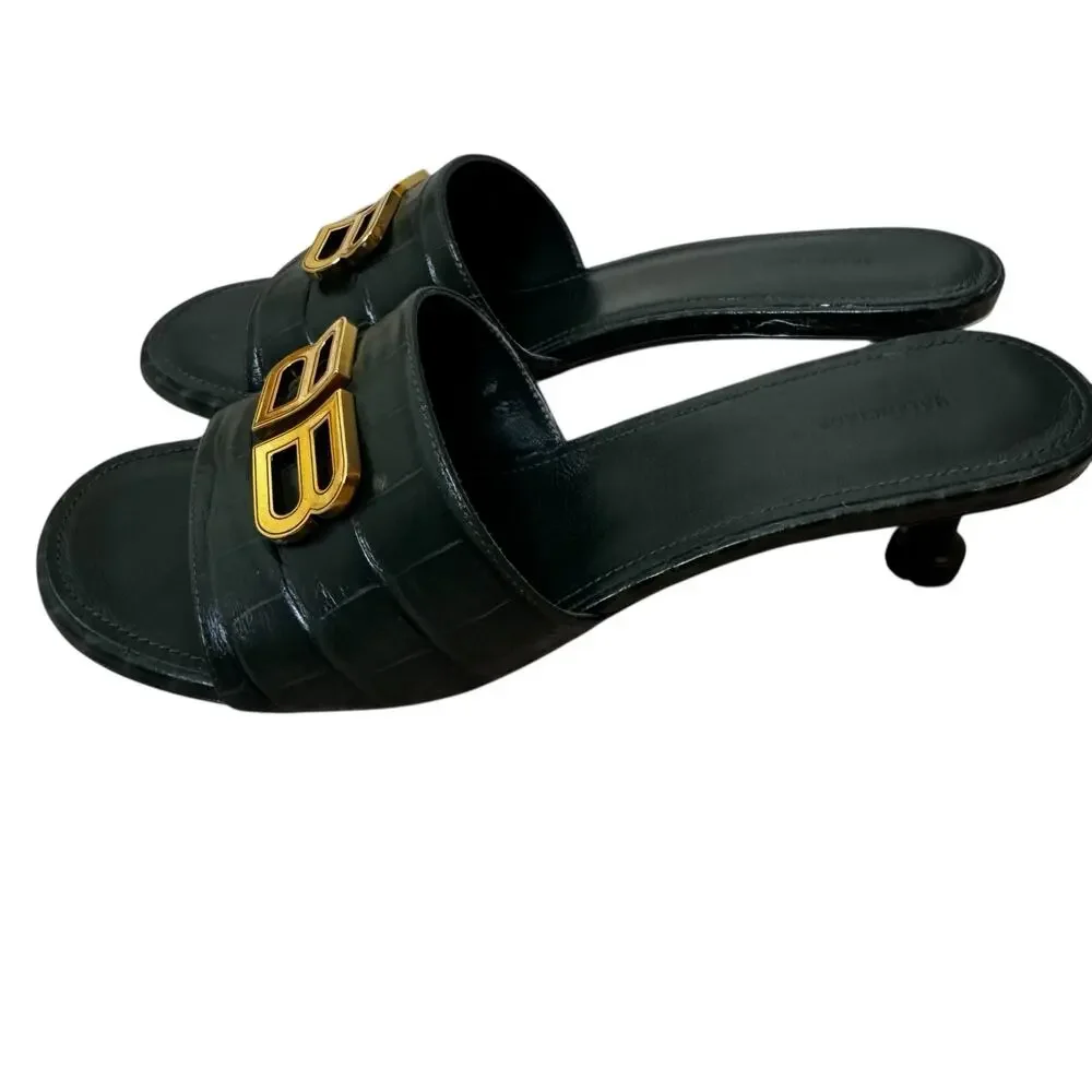 Balenciaga Groupie BB Sandal in Green Croc-Embossed Calfskin leather Size 37.5